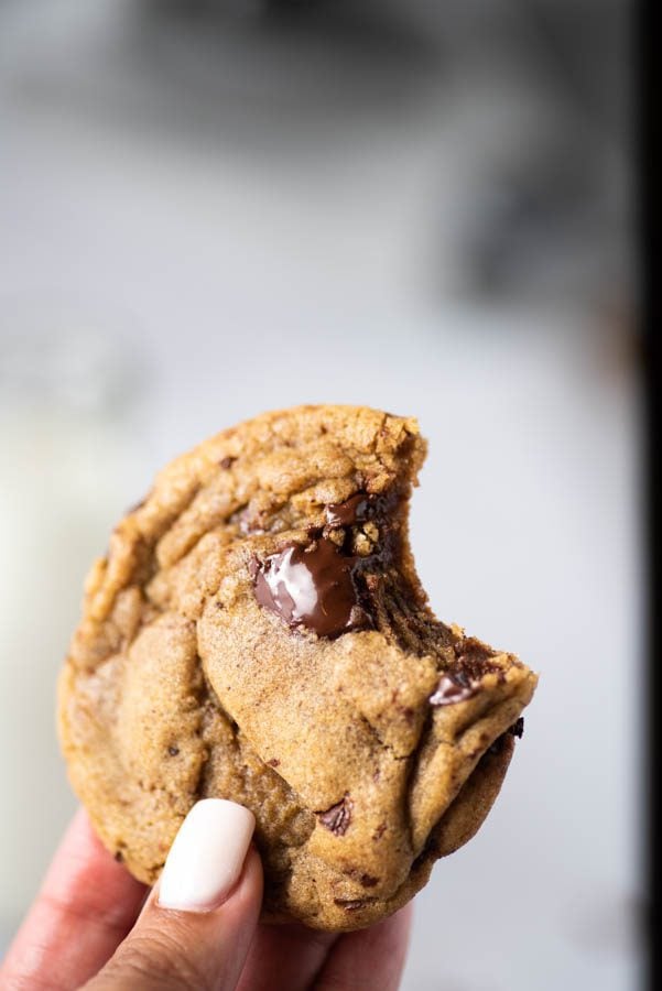 chocolate chip cookie with bite on the side