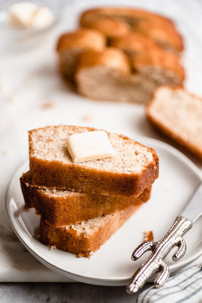 banana bread slices with butter on top
