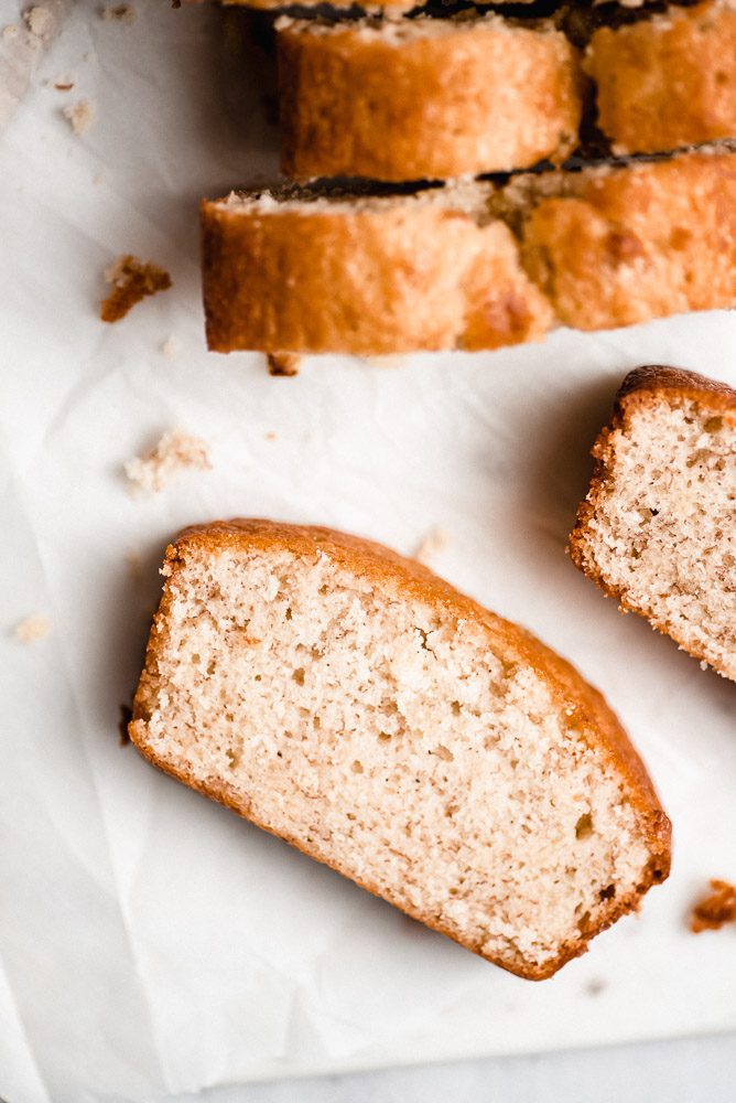 Banana bread slice on parchment paper