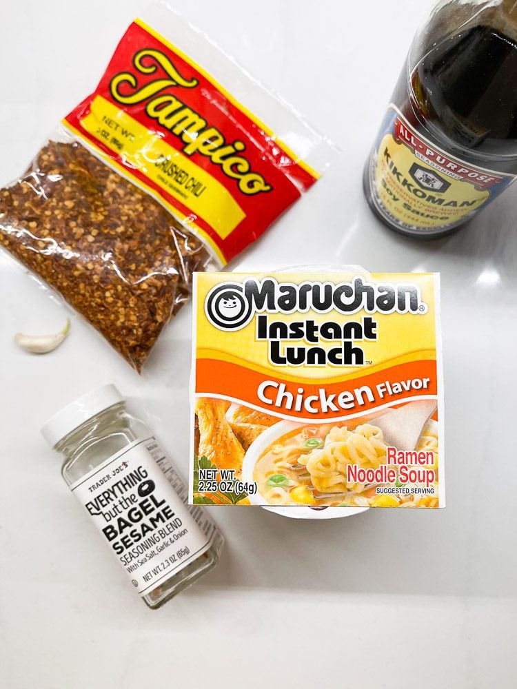ramen noodles, garlic, chili flakes, Everything but the bagel seasoning, soy sauce