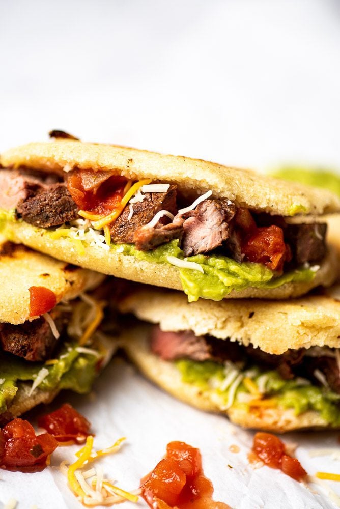 Colombian Arepas stuffed with meat, cheese, guacamole