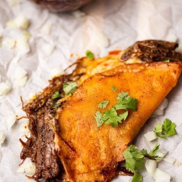 birria quesadilla served on parchment paper. garnished with onion and cilantro