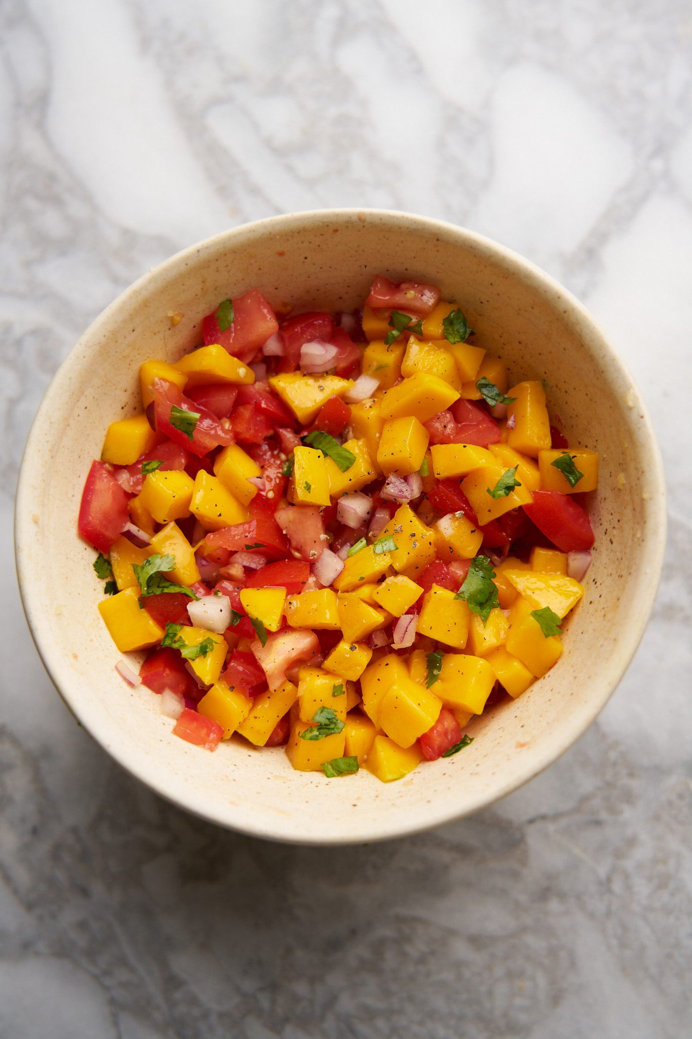 Mango salsa with tomatoes and red onion in a bowl.