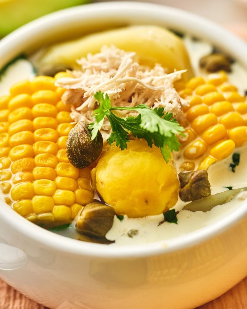 Colombian ajiaco with chicken, corn, capers and cilantro