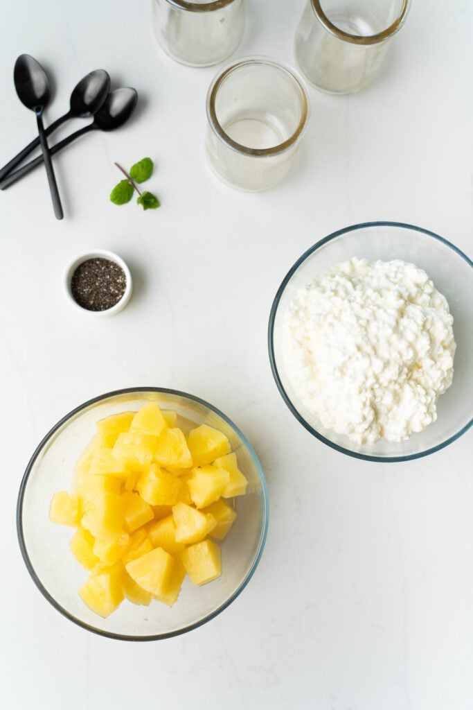 Cottage cheesed pineapple on glass bowls