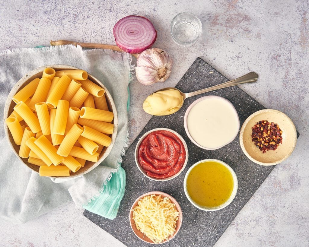 overhead view of ingredients to make pasta