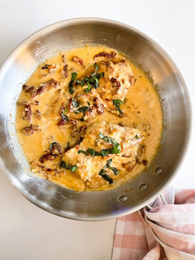 overhead view of chicken in pan