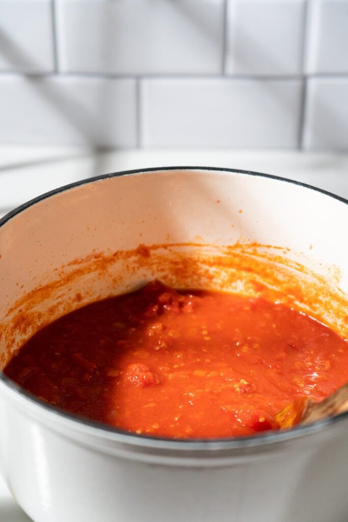 Tomato sauce in heavy bottomed pan