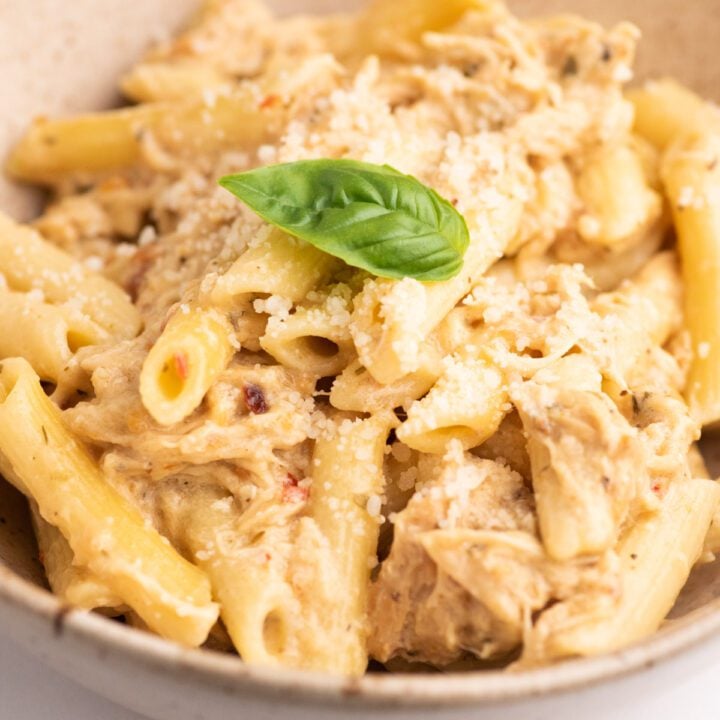 Garlic parmesan chicken pasta on a bowl