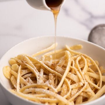 Pancake strips with maple syrup.