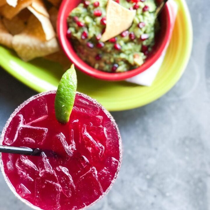 Pink Margarita with side of chips and guacamole