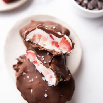 frozen yogurt with strawberry clusters covered in chocolate