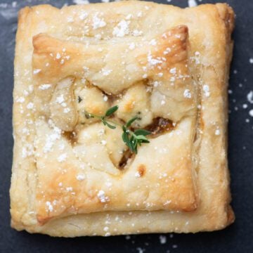 Boursin with fig jam in puff pastry appetizer.