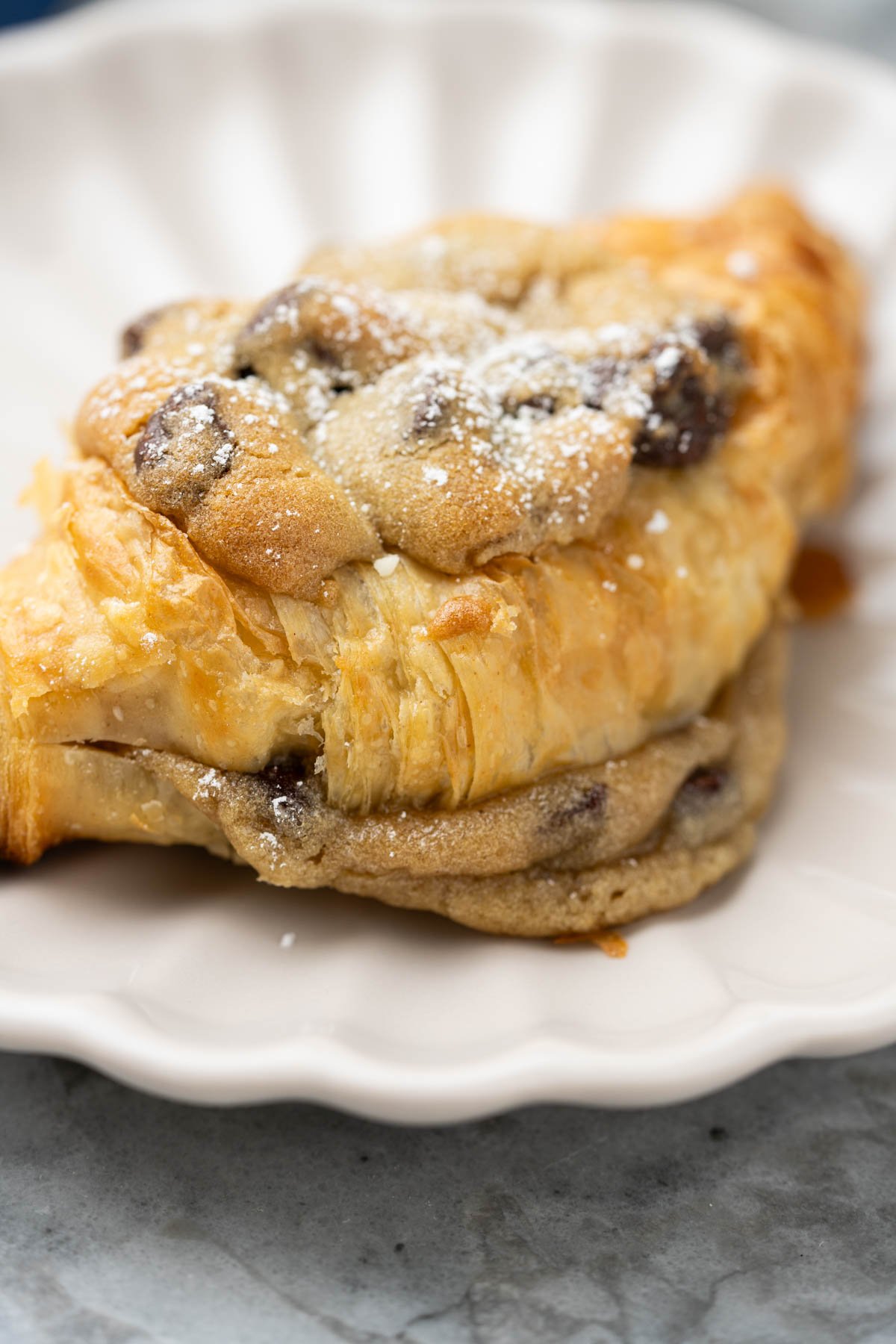 TikTok viral croissant cookie on a plate.