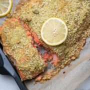 Salmon with a lemon pistachio topping.