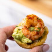 Colombian patacones with guacamole and shrimp.