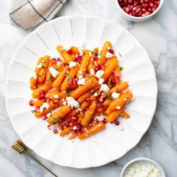 Hot honey glazed carrots with pomegranate and feta.