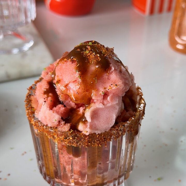 Spicy watermelon sorbet with Chamoy and Tajin.