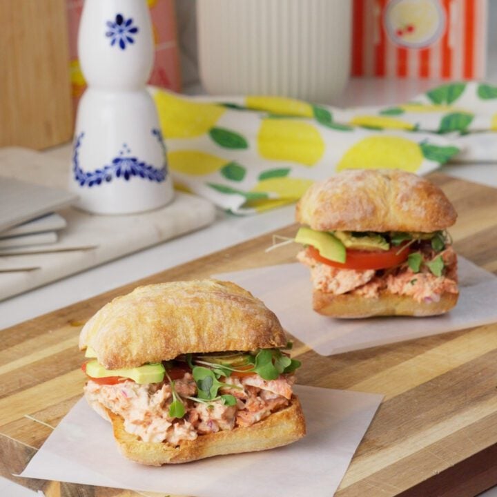 Salmon Salad Sandwich in kitchen background