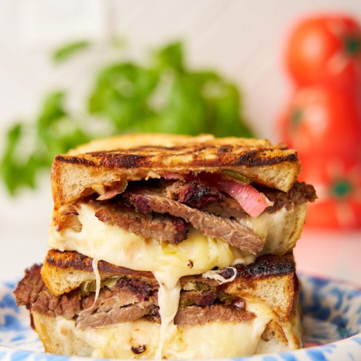 Brisket grilled cheese on a plate. Green plant and red vase on the background.
