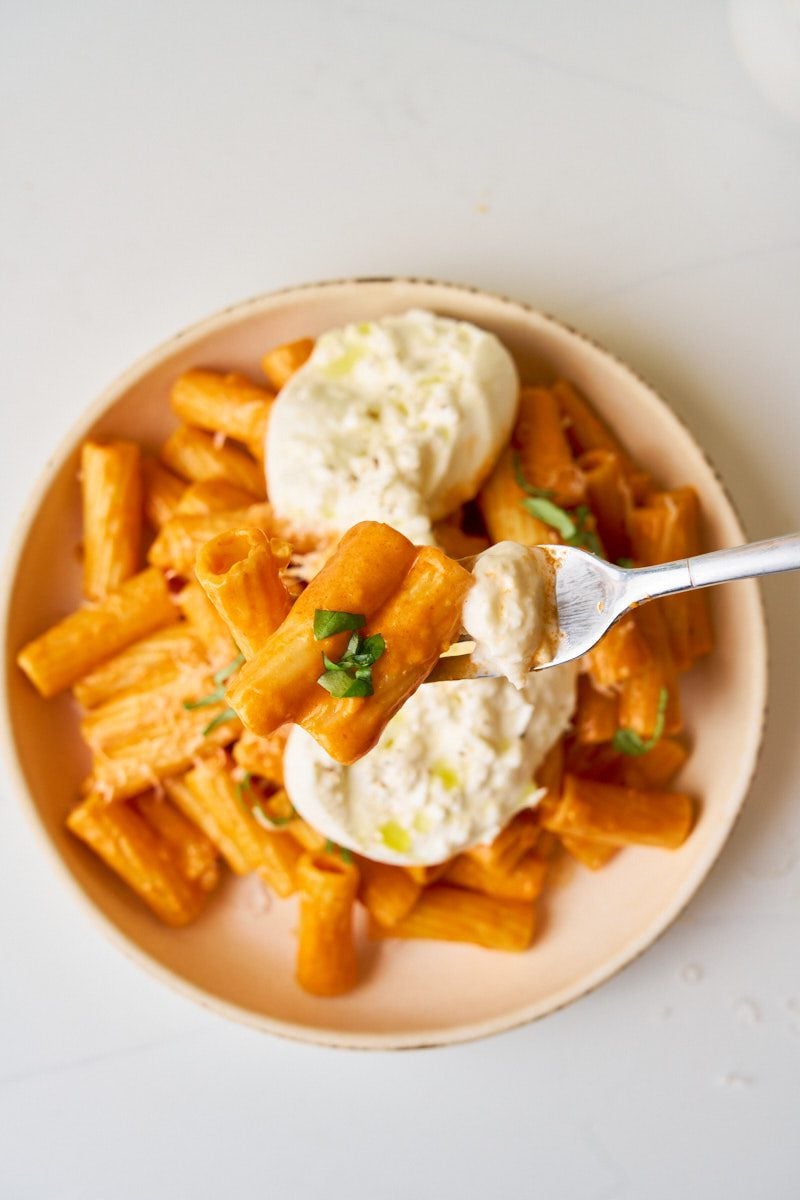 Rigatoni alla vodka with burrata cheese.